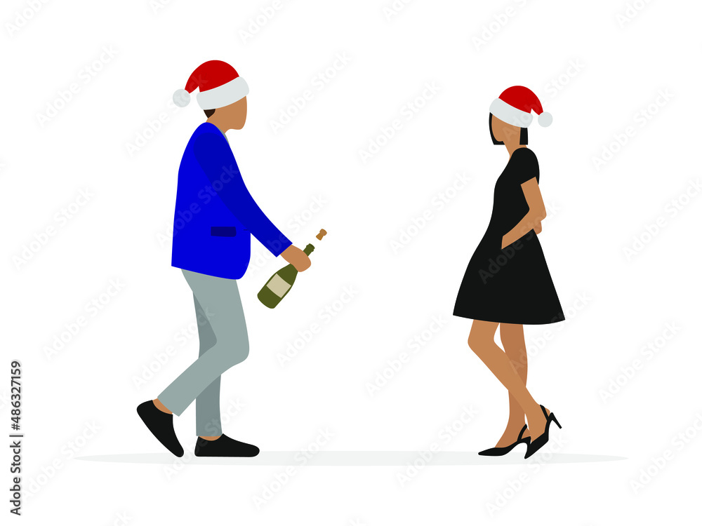 Male character and female character in elegant clothes and santa hats open a bottle of champagne on a white background