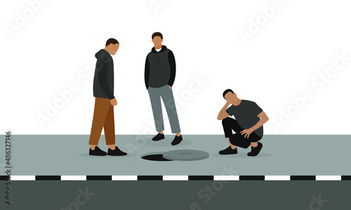 Three male characters near a half-open manhole on the sidewalk