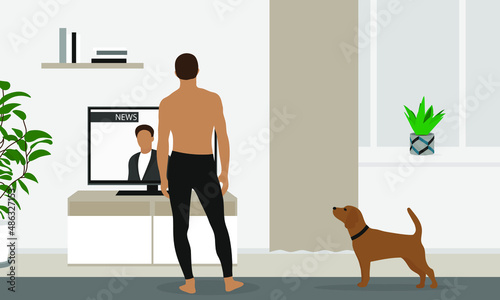 Male character in underpants and with a dog watching news on TV in the room