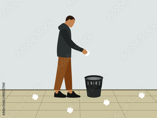 Male character throwing papers into a wastebasket standing on the floor