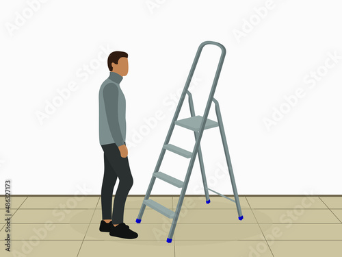 Male character standing next to ladder indoors