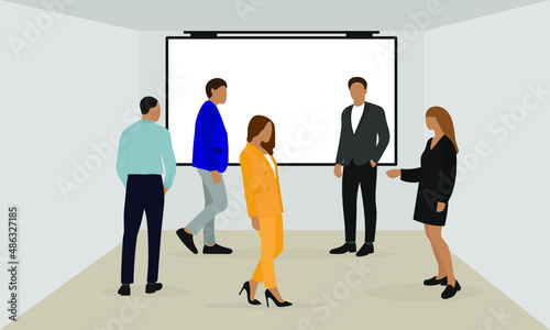 Male and female characters in business clothes communicate in a room with a screen hanging on the wall