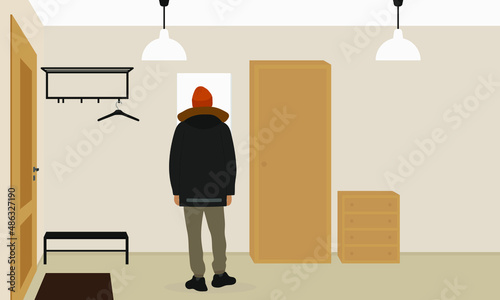 A male character in a jacket and hat stands in the hallway and looks in the mirror