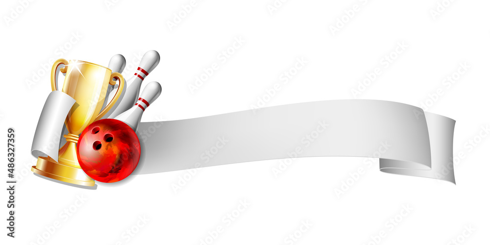 Bowling sport emblem with trophy cup, red glossy ball, bowling pins and white ribbon for lettering