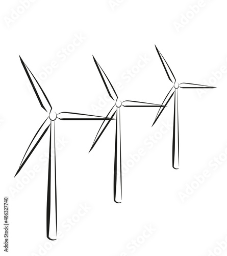 Three windmills-electric generators in perspective, flat black and white illustration in line art style