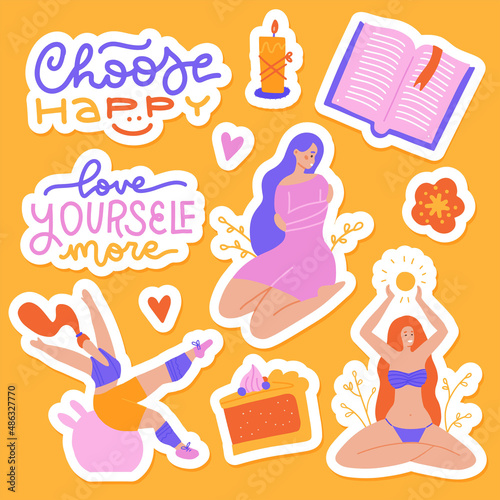 Big set of skin self love lettering quotes with self care elements - book, sport, candle. Hand drawn flat collection of stickers about loving yourself. Flat hand drawn vector illustration.