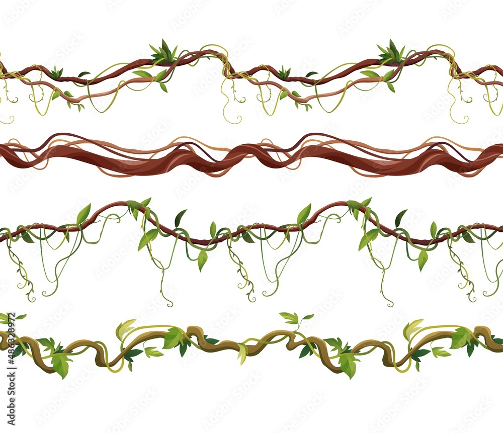 Seamless liana or vine pattern for 2d games. Jungle tropical climbing plants. Cartoon vector illustration. - obrazy, fototapety, plakaty 