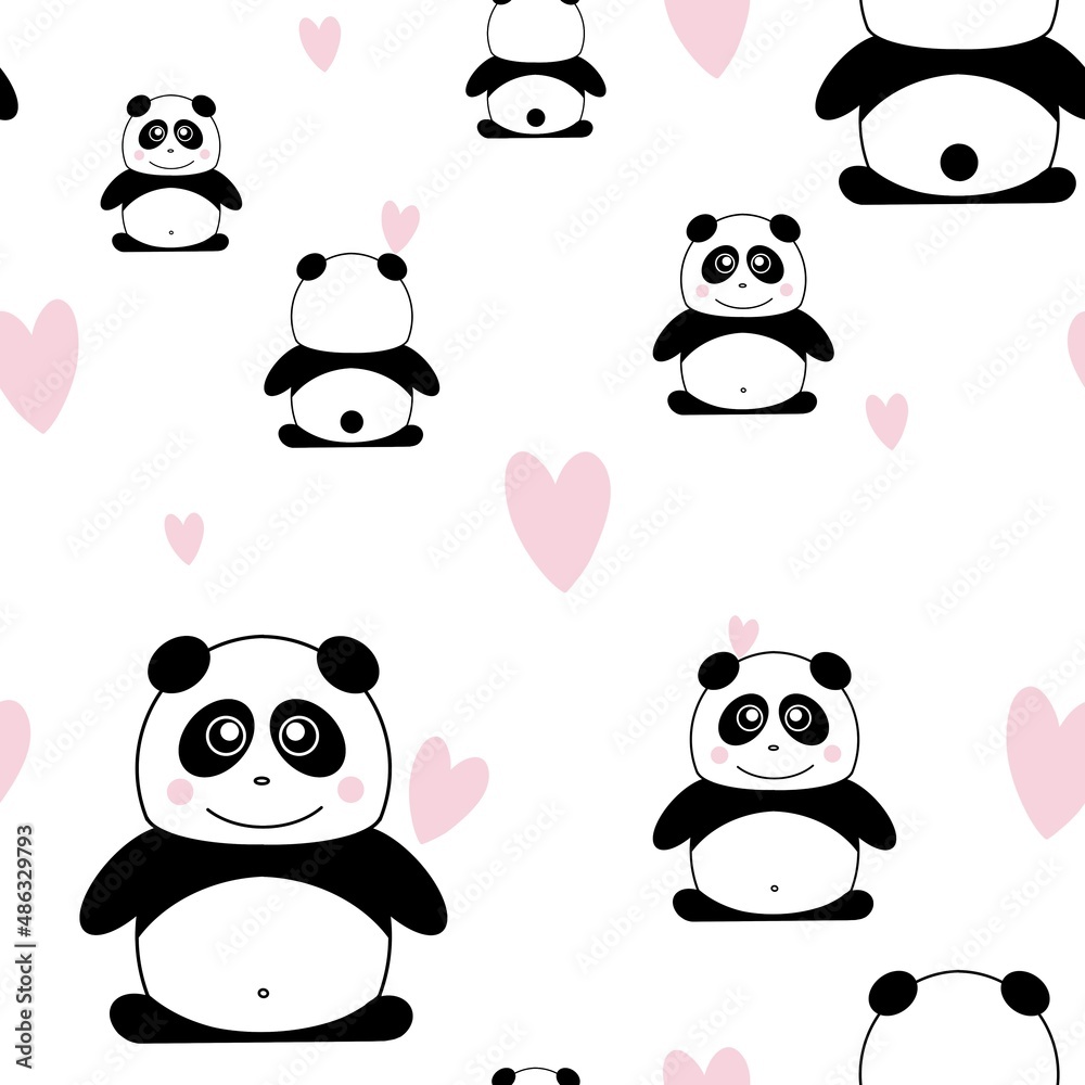 Obraz premium Children's seamless pattern with panda and hearts. Idea for children's rooms, textiles, postcards, pajamas, posters, and more.