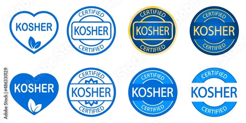 Set of Kosher food products labels, badges or logos. Vector Kosher sign certificate tag. Round icon. Sticker design. Stamp