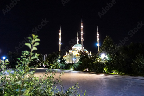 GROZNY, RUSSIA - JUNE 19, 2021: Summer Night at the Heart of Chechnya Mosque. Russia.