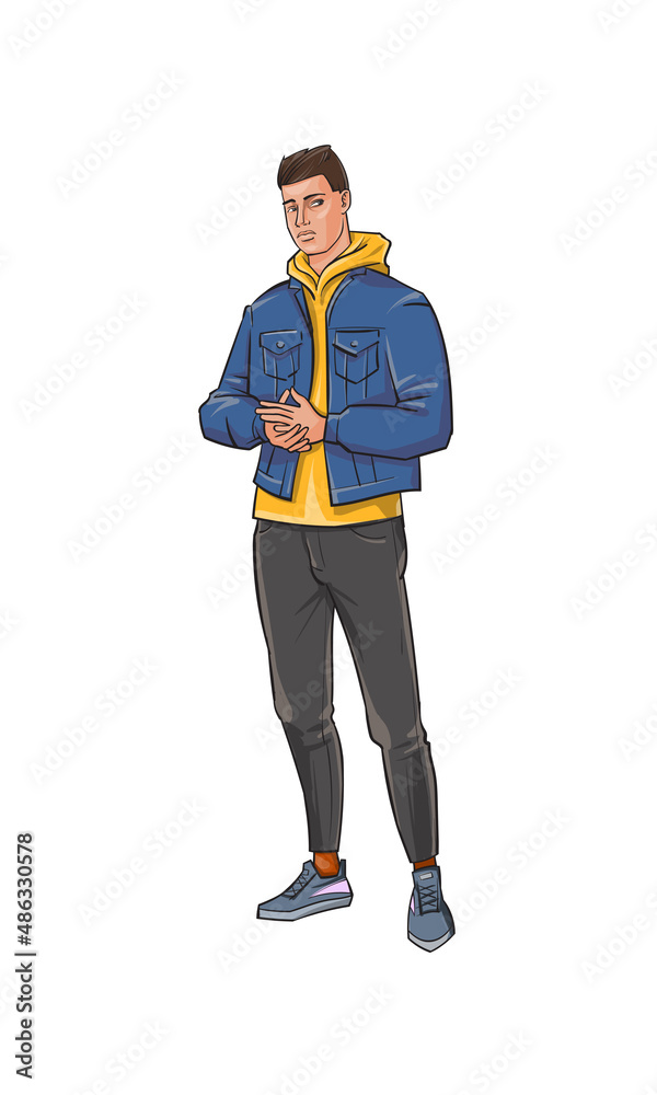 Figures of young people in casual clothes. They go to the viewer. Full-length. Vector illustration
