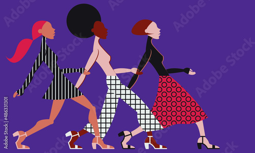 Vector illustration - three young beautiful women supermodels with different skin colors are walking on the catwalk in fashionable clothes of trendy colors. Concept - diversity