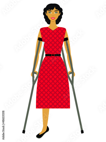 Vector graphics - Beautiful smiling young disabled woman with one leg on crutches in a red dress isolated