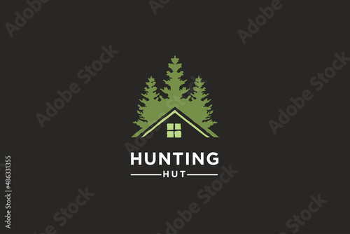 Abstract pine tree and house or home for hunting hut lodge logo design vector illustration.