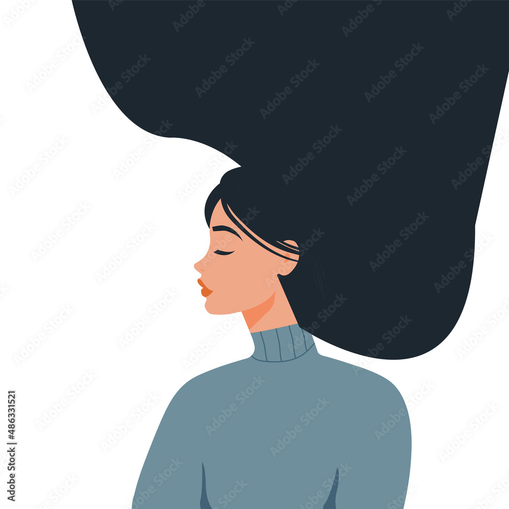 Portrait of a beautiful woman in half-turn. Vector illustration in flat style.