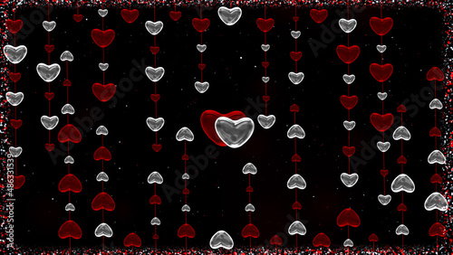 Romantic 3d background with red and white glass hearts and shiny particles