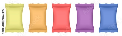 Set of yellow, orange, red, purple and blue flow packs. Chocolate bar or ice cream wrapper. Silver foil bag. Soap or wet wipes. Realistic 3d mockup of a flow pack or sachet. Pouch