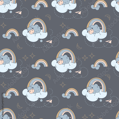 Children's seamless pattern on the theme of sleep. Attributes of the night and magical childhood dreams. Vector. Textiles, Packaging paper. Background.