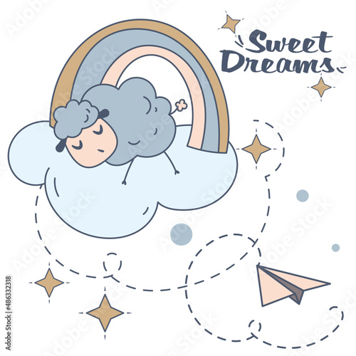 Children's illustration on the theme of sleep. Banner with the image of a cute sheep sleeping on a cloud under a rainbow, moon and stars. Vector. Delicate color scheme.