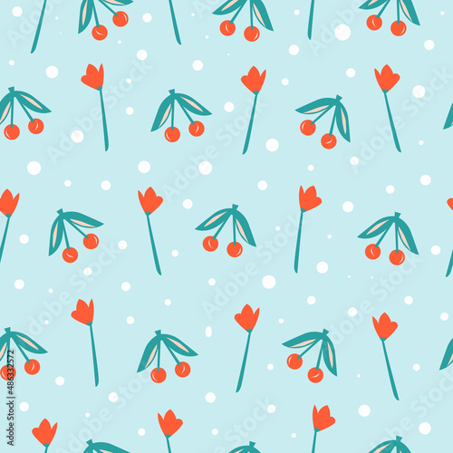 Seamless pattern with hand draw cheery. Hand drawing doodles. Vector seamless background for prints, t-shirts, cards, clothes and accessories.