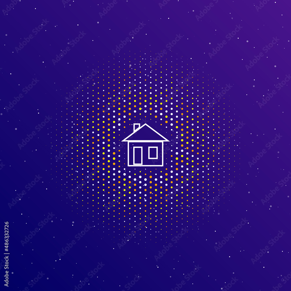 A large white contour house symbol in the center, surrounded by small dots. Dots of different colors in the shape of a ball. Vector illustration on dark blue gradient background with stars A large white contour house symbol in the center, surrounded by small dots. Dots of different colors in the shape of a ball. Vector illustration on dark blue gradient background with stars