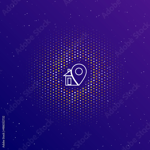 A large white contour real estate location symbol in the center, surrounded by small dots. Vector illustration on dark blue gradient background with stars