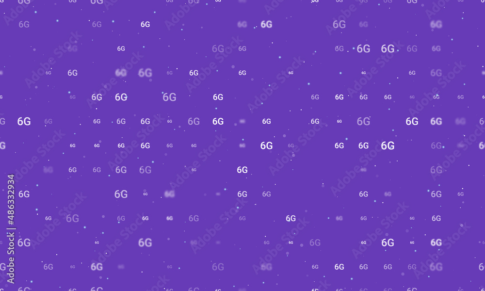 Seamless background pattern of evenly spaced white 6G symbols of different sizes and opacity. Vector illustration on deep purple background with stars Seamless background pattern of evenly spaced white 6G symbols of different sizes and opacity. Vector illustration on deep purple background with stars