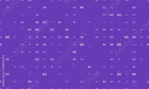 Seamless background pattern of evenly spaced white 6G symbols of different sizes and opacity. Vector illustration on deep purple background with stars