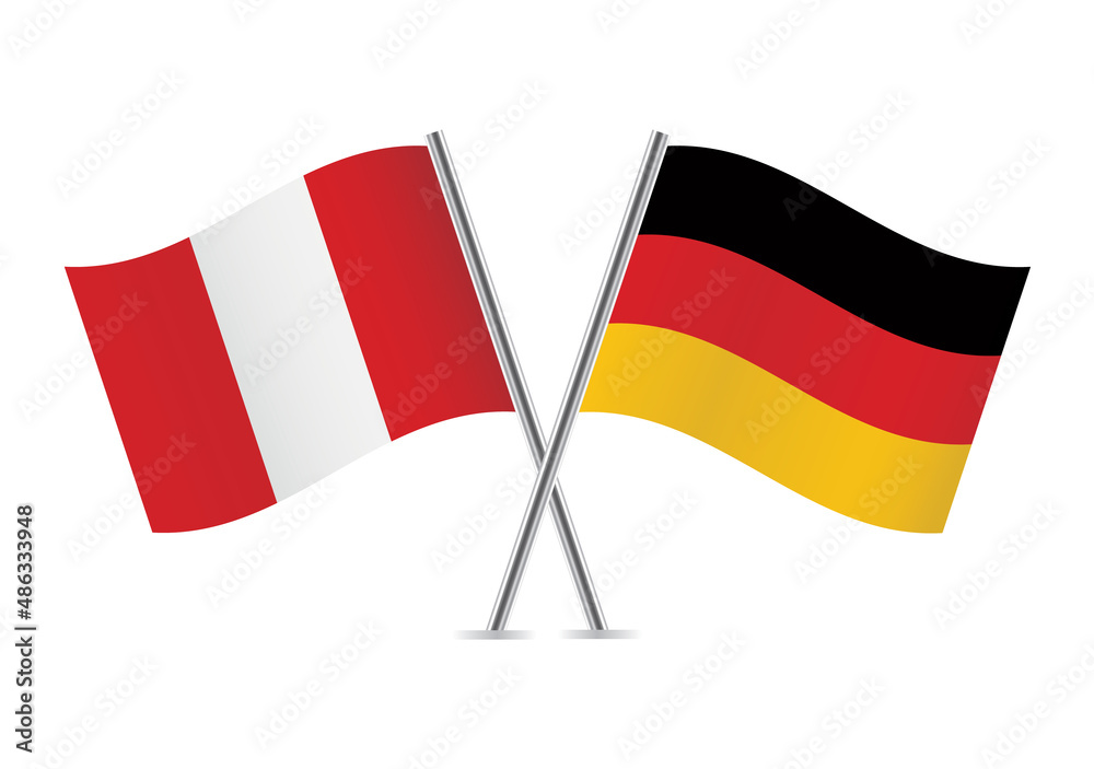 Peru and Germany crossed flags. Peruvian and German flags, isolated on white background. Vector icon set. Vector illustration. Peru and Germany crossed flags. Peruvian and German flags, isolated on white background. Vector icon set. Vector illustration.