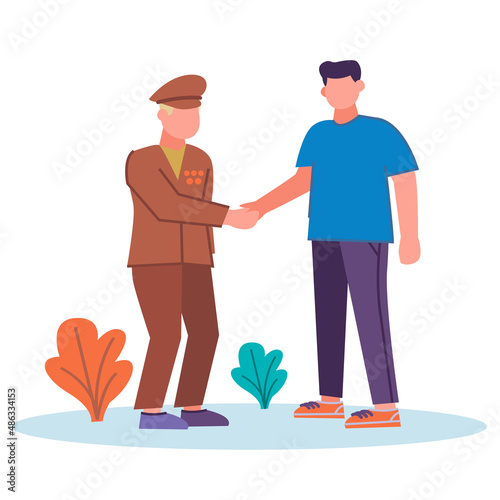 A young student guy shakes hands with an elderly war veteran. The patriot thanks for the victory. Vector flat illustration of a volunteer