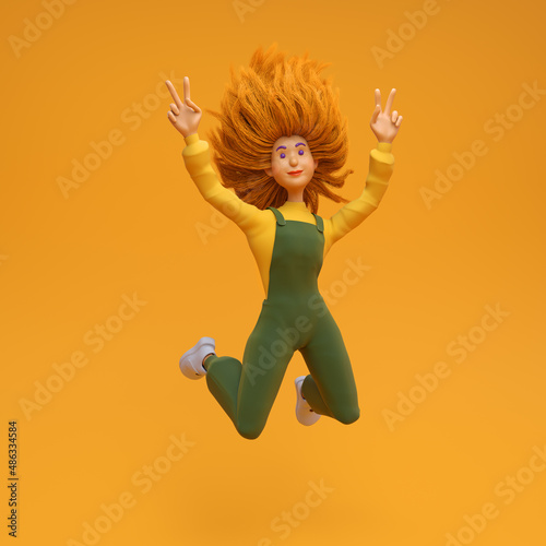 red-haired girl on an orange background shows a victory sign and jumping