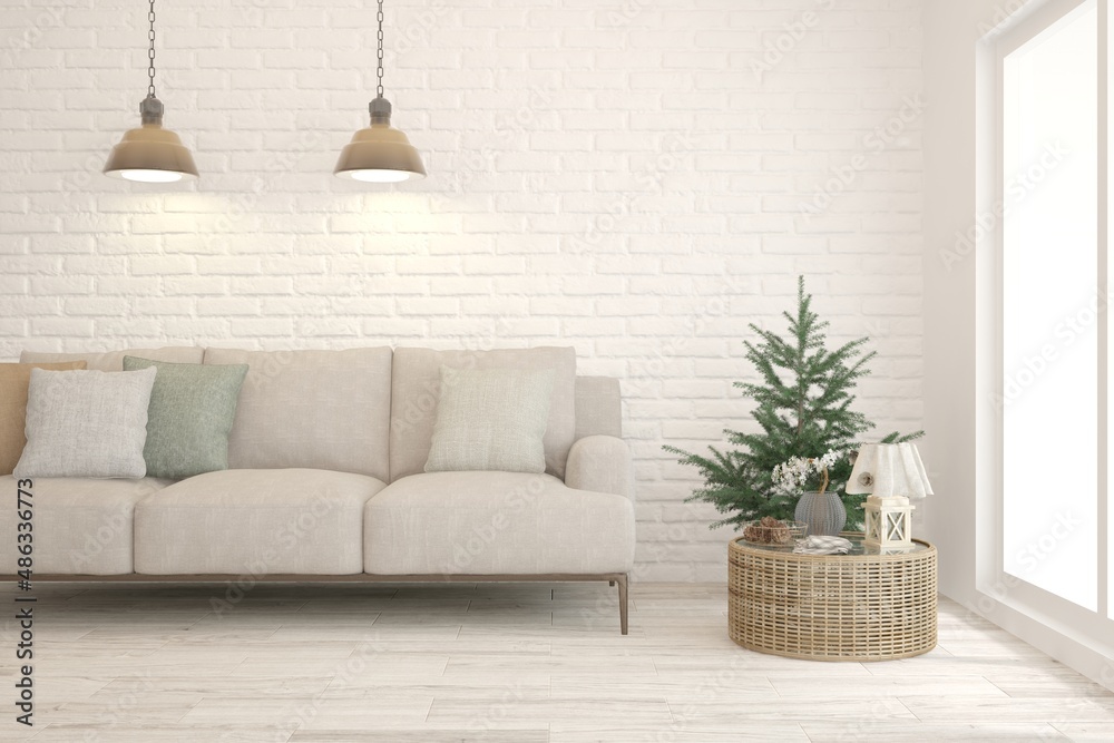 Obraz premium White living room with sofa. Scandinavian interior design. 3D illustration