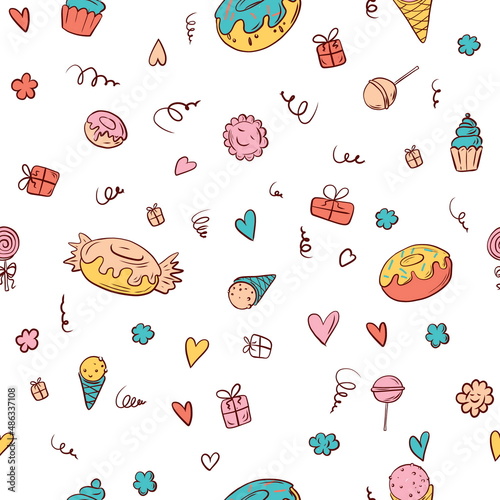 Seamless pattern with sweet elements donut, ice cream, chupa chups, cake. A set of delicious sweet elements for a children's party. Pattern on a white background.