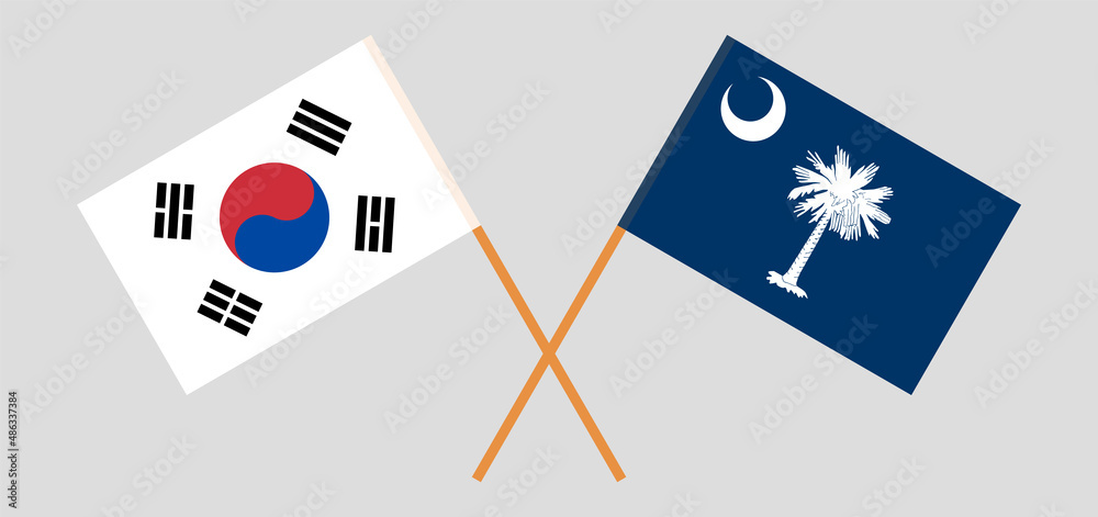 Crossed flags of South Korea and The State of South Carolina. Official colors. Correct proportion Crossed flags of South Korea and The State of South Carolina. Official colors. Correct proportion