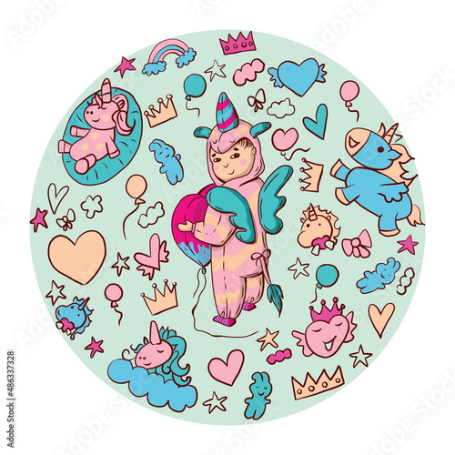 Cute little girl in pajamas kigurumi unicorn. Kawaii pajama cute party. Set of cartoon characters and elements. Children's promo.