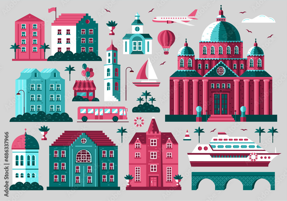 Vector set of elements. Travel and tourism. Isolated houses, air and ground transport Vector set of elements. Travel and tourism. Isolated houses, air and ground transport
