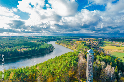 Fototapeta Naklejka Na Ścianę i Meble -  Tallest Lithuanian observation view tower in Birstonas resort in autumn on the shore of Nemunas river