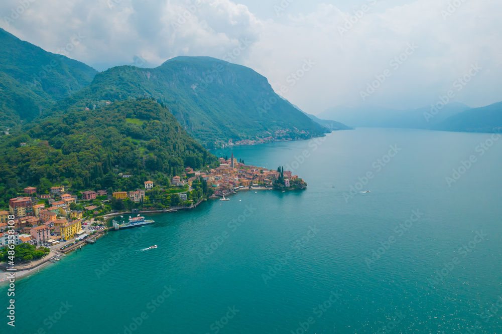 Obraz premium Aerial view of Varenna village. Varenna is a picturesque and traditional village, located on the eastern shore of Lake Como, Italy