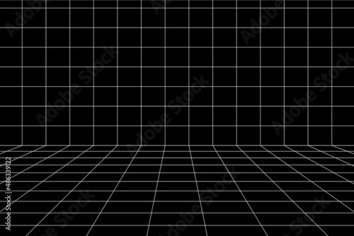 3D digital white grid of wall, floor of black room space with one point perspective. White empty geometric cyberspace studio background. Virtual three dimension scene. Easy guide architecture template