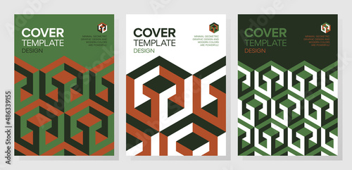 Collection of trendy minimal 3d geometric shapes cover designs. Abstract dynamic isometric optical illusion backgrounds for brochures, flyers, prints, posters, layouts.