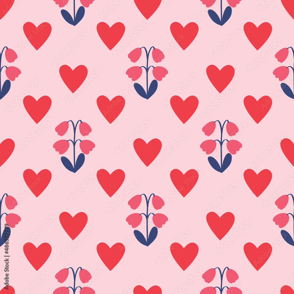 Cute seamless pattern with hearts and flowers for gift wrap, Valentine's Day, birthday, Mother's Day, wedding. Vector.
