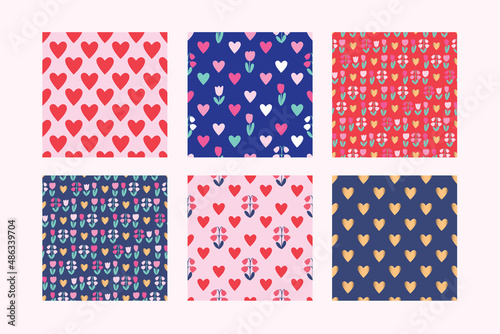 Greeting cards and cute seamless patterns with hearts and flowers for gift wrap, Valentine's Day, birthday, Mother's Day, wedding. Vector.