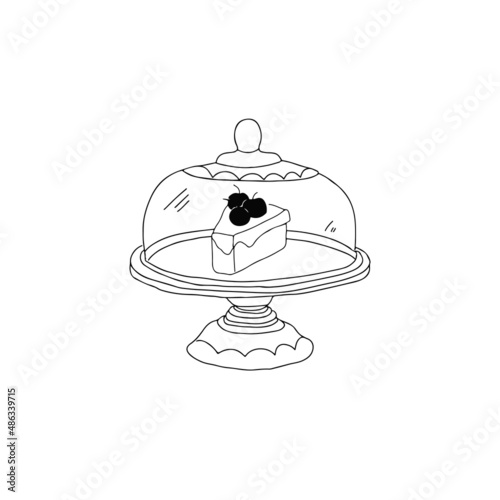 Slice of cherry cake in cute cloche vector illustration. Doodle hand drawn style.