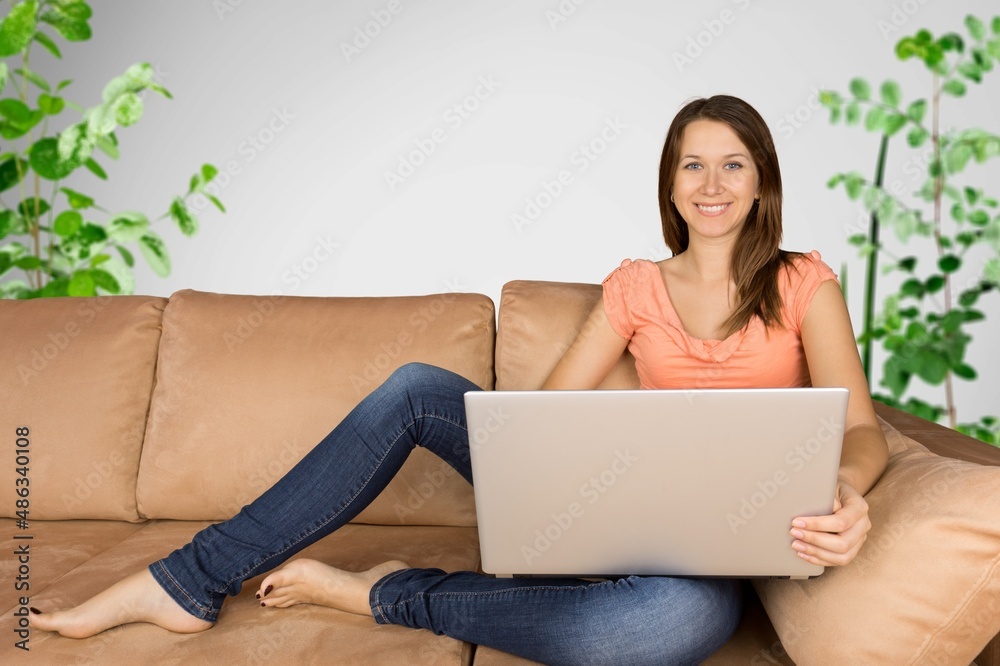 Happy lady freelancer working online from home, Happy lady freelancer working online from home,