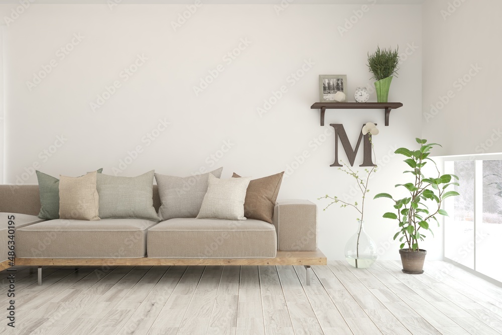 Fototapeta premium White living room with sofa. Scandinavian interior design. 3D illustration