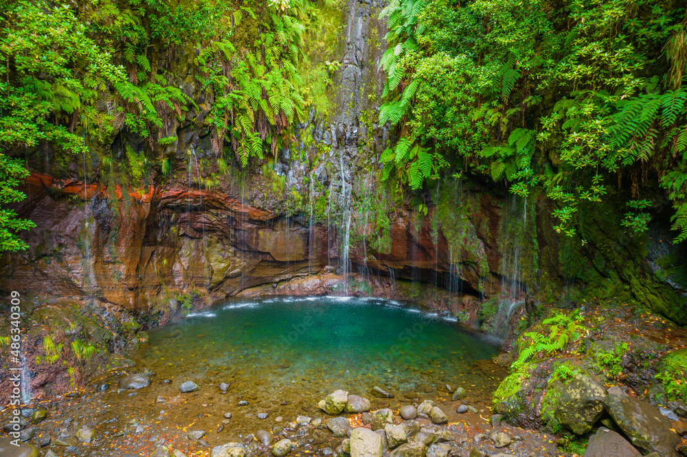 Aerial view of The 25 Fontes or 25 Springs in English. It's a group of waterfalls located in Rabacal, Paul da Serra on Madeira Island. Access is possible via the Levada das 25 Fontes