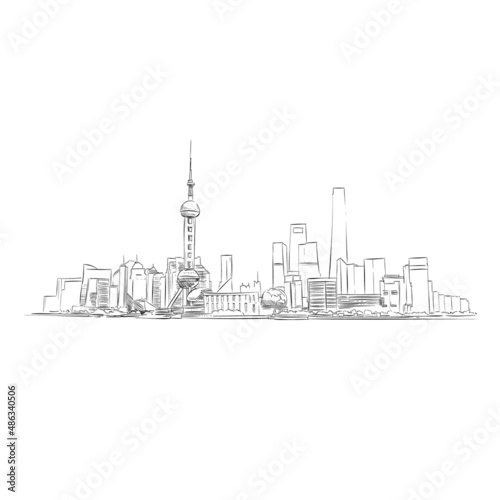 China. Shanghai. Hand drawn sketch. City vector illustration