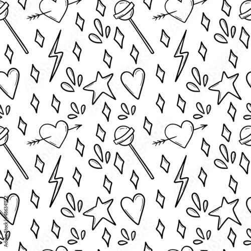 Seamless pattern on white with cake, croissant, macaroon, donut and cinnamon roll.