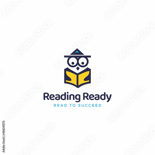 Bachelor owl holding an open book and reading. Logo design for books festival, education, culture festival day, library, or other reading or literature event. Trendy flat vector illustration.