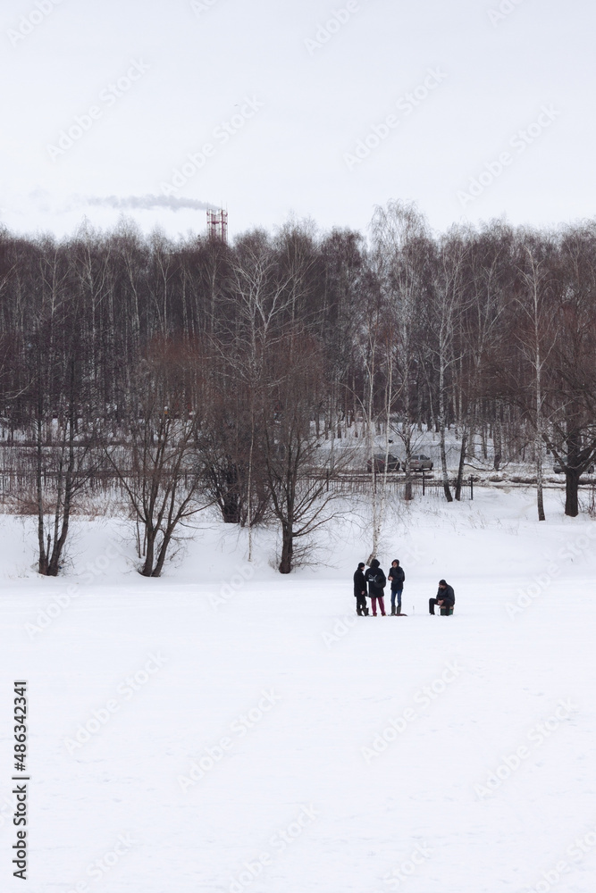 A small group of people on the frozen lake during a winter. One is sitting. Lots of trees without leaves and a smoke comming from the pipe far away in the background
